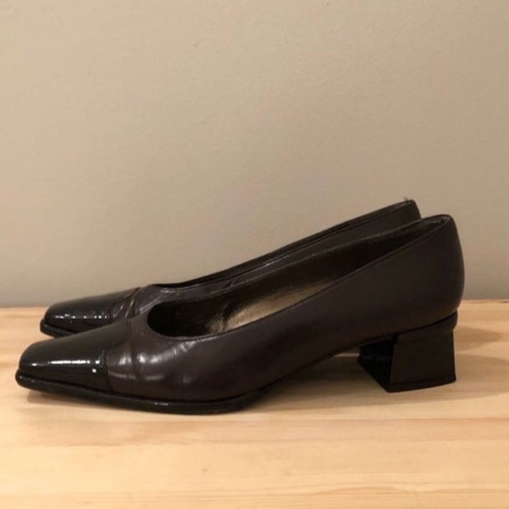 Stuart Weitzman Dark Brown Black Patent Toe Low Block Heel Pumps